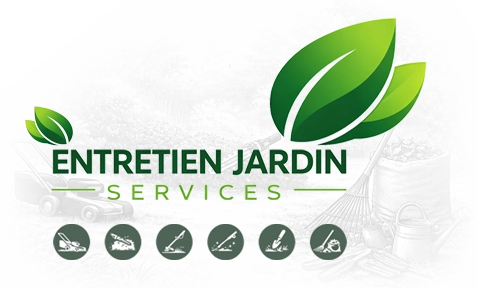 Illustration Entretien Jardin Services avec outils de jardinage en fond gris