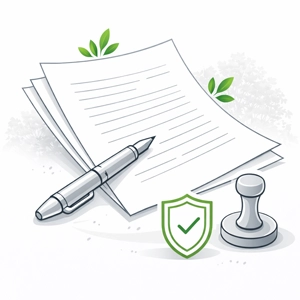 Illustration minimaliste représentant un document officiel avec stylo et tampon